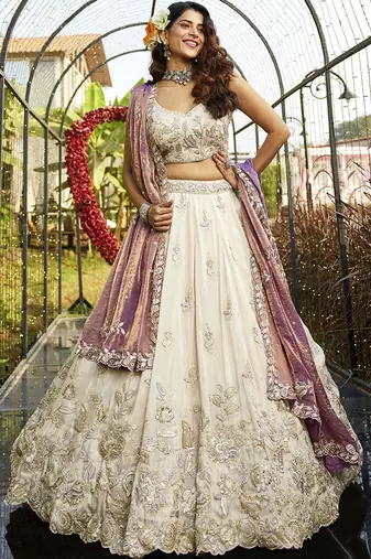 Cream colour tissue   with  Sequin & Thread embroidery Semi-Stitched Lehenga choli & Dupatta