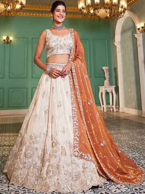 Cream colour tissue   with Sequins & Thread embroidery Semi-Stitched Lehenga choli & Dupatta 1