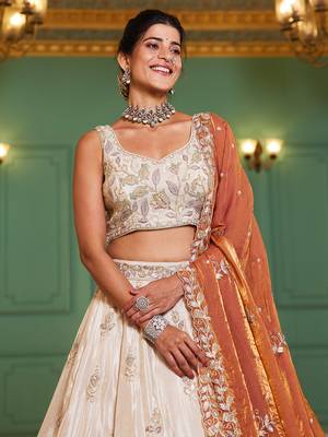 Cream colour tissue   with Sequins & Thread embroidery Semi-Stitched Lehenga choli & Dupatta 2