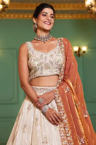 Cream colour tissue   with Sequins & Thread embroidery Semi-Stitched Lehenga choli & Dupatta