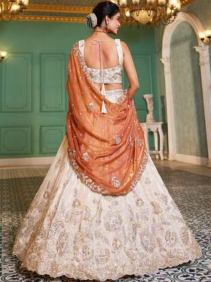 Cream colour tissue   with Sequins & Thread embroidery Semi-Stitched Lehenga choli & Dupatta 3