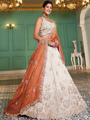 Cream colour tissue   with Sequins & Thread embroidery Semi-Stitched Lehenga choli & Dupatta 4