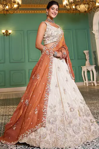 Cream colour tissue   with Sequins & Thread embroidery Semi-Stitched Lehenga choli & Dupatta