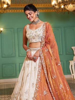 Cream colour tissue   with Sequins & Thread embroidery Semi-Stitched Lehenga choli & Dupatta 5