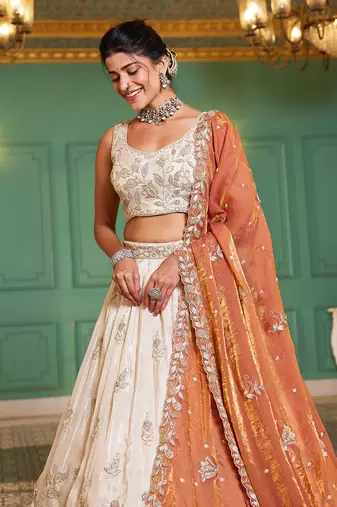 Cream colour tissue   with Sequins & Thread embroidery Semi-Stitched Lehenga choli & Dupatta