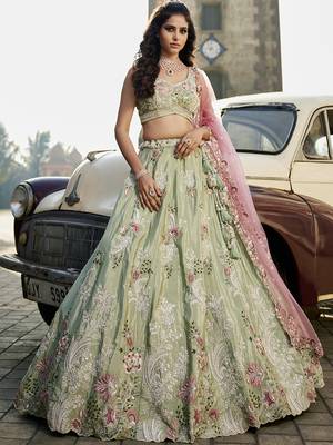 Lime green Satin Silk Sequins embroidery Semi-Stitched Lehenga choli & Dupatta 1