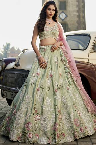 Lime green Satin Silk Sequins embroidery Semi-Stitched Lehenga choli & Dupatta