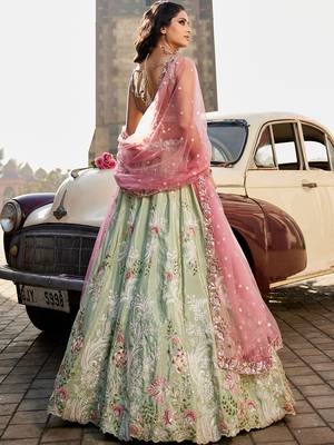 Lime green Satin Silk Sequins embroidery Semi-Stitched Lehenga choli & Dupatta 3
