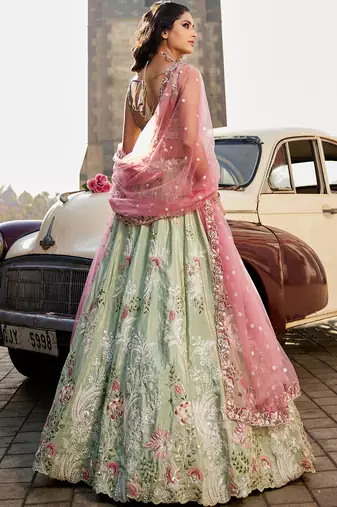 Lime green Satin Silk Sequins embroidery Semi-Stitched Lehenga choli & Dupatta