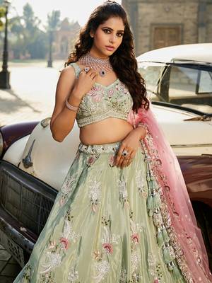 Lime green Satin Silk Sequins embroidery Semi-Stitched Lehenga choli & Dupatta 4
