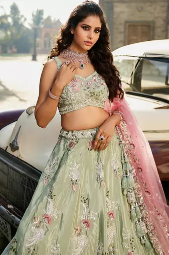 Lime green Satin Silk Sequins embroidery Semi-Stitched Lehenga choli & Dupatta