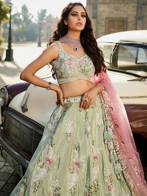 Lime green Satin Silk Sequins embroidery Semi-Stitched Lehenga choli & Dupatta 5