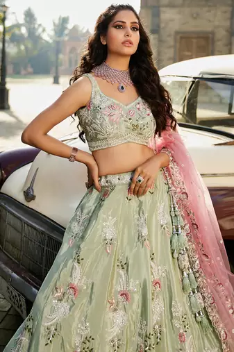 Lime green Satin Silk Sequins embroidery Semi-Stitched Lehenga choli & Dupatta
