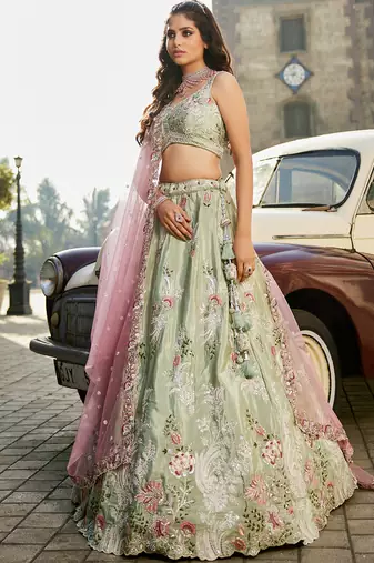 Lime green Satin Silk Sequins embroidery Semi-Stitched Lehenga choli & Dupatta