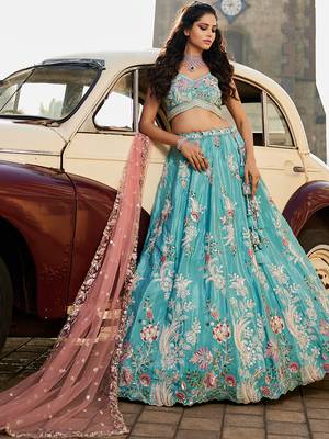 Turquoise blue Satin Silk Sequins embroidery Semi-Stitched Lehenga choli & Dupatta 3