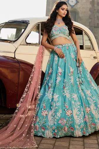 Turquoise blue Satin Silk Sequins embroidery Semi-Stitched Lehenga choli & Dupatta
