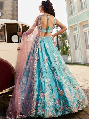 Turquoise blue Satin Silk Sequins embroidery Semi-Stitched Lehenga choli & Dupatta 4