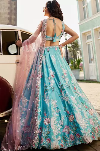 Turquoise blue Satin Silk Sequins embroidery Semi-Stitched Lehenga choli & Dupatta