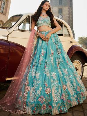 Turquoise blue Satin Silk Sequins embroidery Semi-Stitched Lehenga choli & Dupatta 5