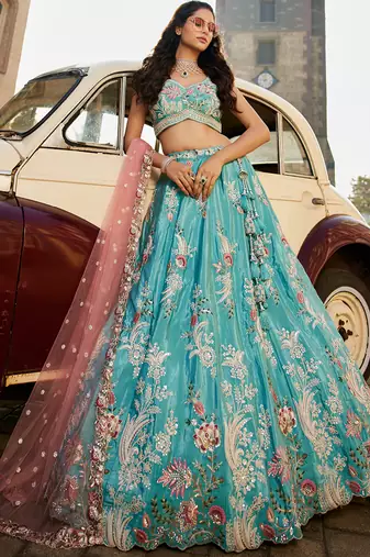 Turquoise blue Satin Silk Sequins embroidery Semi-Stitched Lehenga choli & Dupatta