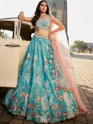 Turquoise blue Satin Silk Sequins embroidery Semi-Stitched Lehenga choli & Dupatta 1