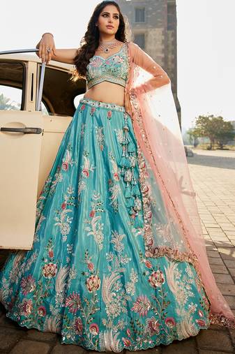 Turquoise blue Satin Silk Sequins embroidery Semi-Stitched Lehenga choli & Dupatta