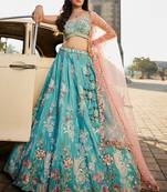 Turquoise blue Satin Silk Sequins embroidery Semi-Stitched Lehenga choli & Dupatta