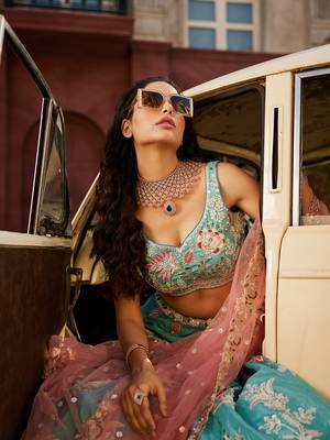 Turquoise blue Satin Silk Sequins embroidery Semi-Stitched Lehenga choli & Dupatta 6