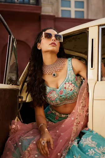 Turquoise blue Satin Silk Sequins embroidery Semi-Stitched Lehenga choli & Dupatta