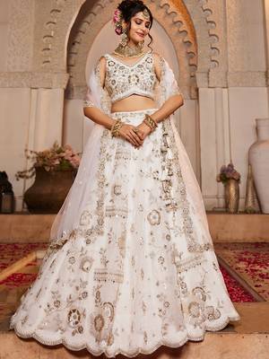 Off White Sequins Work Lehenga Choli For Women 2