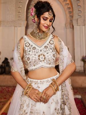 Off White Sequins Work Lehenga Choli For Women 4