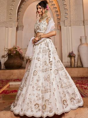 Off White Sequins Work Lehenga Choli For Women 5
