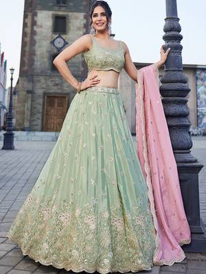 Lime green Satin Silk Sequins embroidery Lehenga choli & Dupatta 1