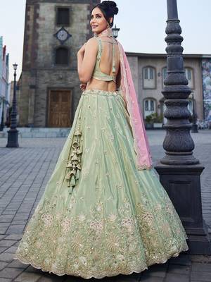 Lime green Satin Silk Sequins embroidery Lehenga choli & Dupatta 2