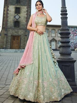 Lime green Satin Silk Sequins embroidery Lehenga choli & Dupatta 3