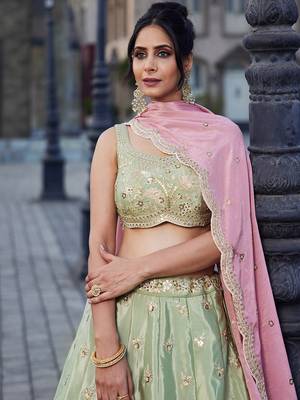 Lime green Satin Silk Sequins embroidery Lehenga choli & Dupatta 4