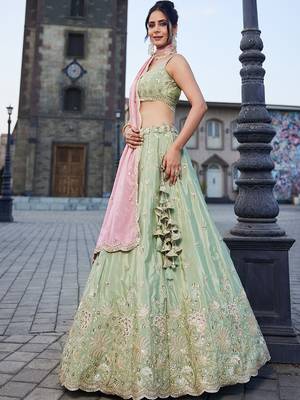 Lime green Satin Silk Sequins embroidery Lehenga choli & Dupatta 5