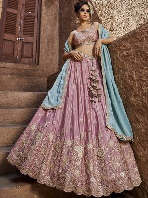Pink Satin Silk Sequins embroidery Semi-Stitched Lehenga choli & Dupatta 1