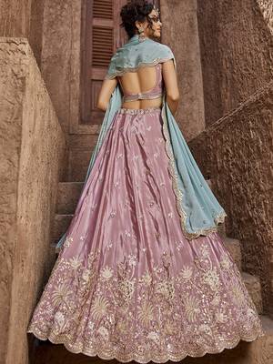Pink Satin Silk Sequins embroidery Semi-Stitched Lehenga choli & Dupatta 2