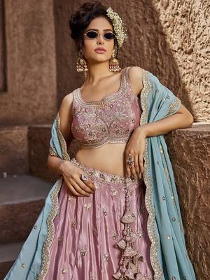 Pink Satin Silk Sequins embroidery Semi-Stitched Lehenga choli & Dupatta 3