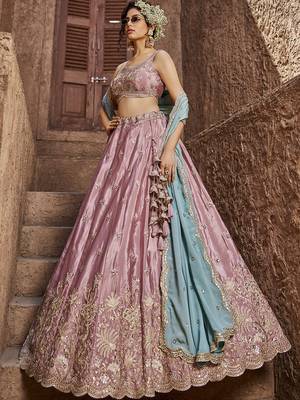 Pink Satin Silk Sequins embroidery Semi-Stitched Lehenga choli & Dupatta 4