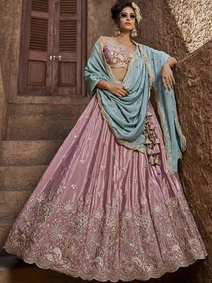 Pink Satin Silk Sequins embroidery Semi-Stitched Lehenga choli & Dupatta 5