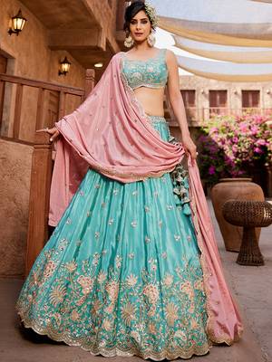 Turquoise blue Satin Silk Sequins embroidery Lehenga choli & Dupatta 1