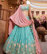 Turquoise blue Satin Silk Sequins embroidery Semi-Stitched Lehenga choli & Dupatta