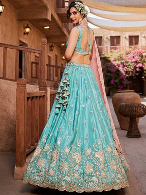 Turquoise blue Satin Silk Sequins embroidery Lehenga choli & Dupatta 2