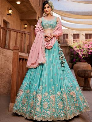 Turquoise blue Satin Silk Sequins embroidery Lehenga choli & Dupatta 3