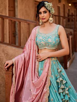 Turquoise blue Satin Silk Sequins embroidery Lehenga choli & Dupatta 4