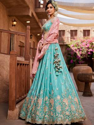 Turquoise blue Satin Silk Sequins embroidery Lehenga choli & Dupatta 5