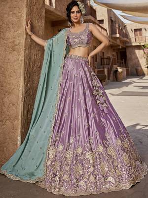 Lavender Satin Silk Sequins embroidery Semi-Stitched Lehenga choli & Dupatta 1