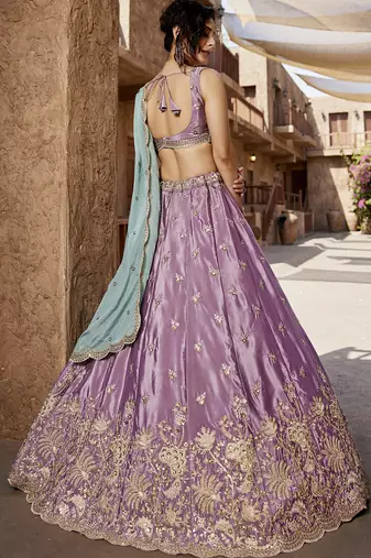 Lavender Satin Silk Sequins embroidery Semi-Stitched Lehenga choli & Dupatta